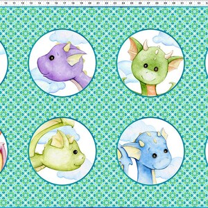 May include: Fabric featuring eight watercolor illustrations of friendly dragons in various colors, including blue, purple, green, and orange. Each dragon is set against a white background with fluffy clouds, on a teal patterned background.