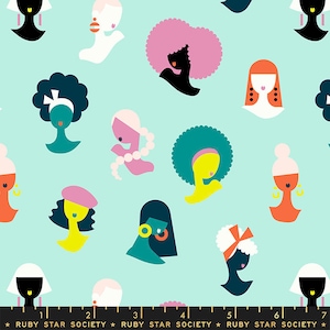 May include: A teal blue background with a repeating pattern of colorful stylized women's faces. Each face has a different hairstyle, skin tone, and accessories. The pattern is a modern and abstract design.