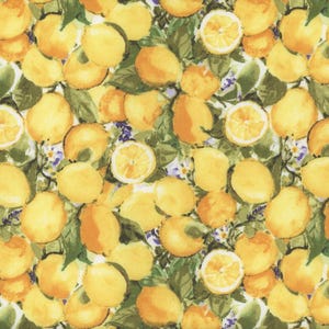 May include: A fabric pattern featuring a repeating design of yellow lemons, some sliced, with green leaves and small purple flowers. The lemons are in various sizes and orientations, creating a vibrant, summery feel.