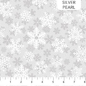 May include: White snowflake pattern on a silver pearl background fabric.