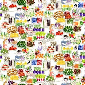 May include: A watercolor illustration of a colorful farmers market scene with various fruits, vegetables, and produce. The illustration features people shopping and selling produce at stalls.