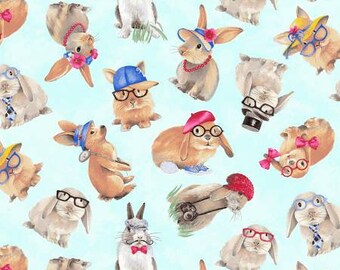 Trendy Meadows 9925-73 multi tossed bunnies by Evamarie Ryan for Henry Glass