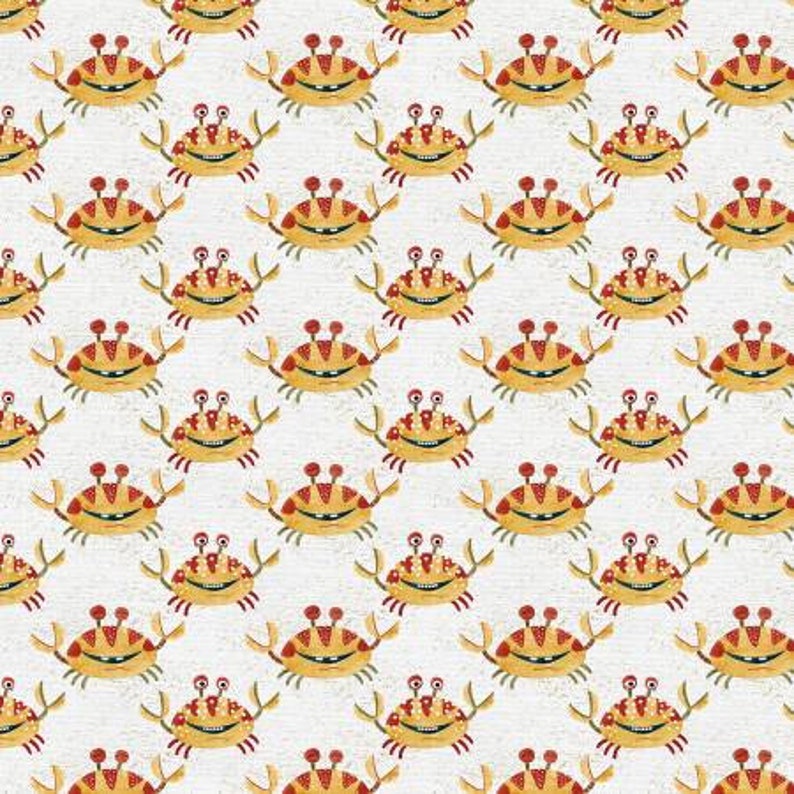 May include: A seamless pattern featuring a repeating design of yellow crabs with red eyes and legs on a white background.