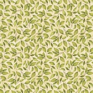 May include: A seamless pattern featuring green leaves on a light beige background. The leaves are arranged in a random pattern, creating a natural and organic feel.
