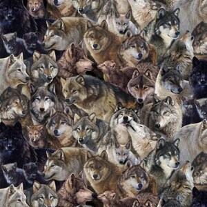 May include: A seamless pattern featuring a variety of wolf faces in shades of brown, gray, and black. The wolves are depicted in a realistic style with intricate details.