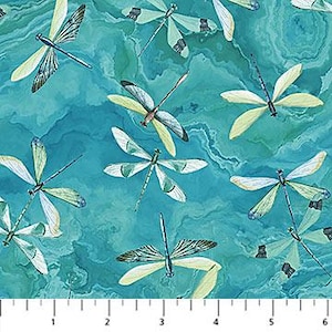 May include: A teal blue background with a repeating pattern of white and green dragonflies.