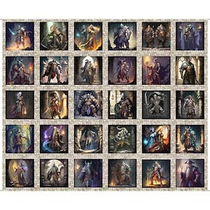 May include: A collage of 24 illustrated images featuring fantasy characters in various poses and settings. Each image is framed in a square with a stone-like border.