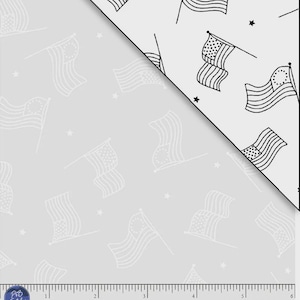 May include: Two fabric samples with a patriotic theme. One sample features a light gray background with white outline drawings of American flags and stars. The other sample has a white background with black outline drawings of American flags and stars.