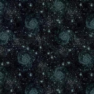 May include: A dark, seamless pattern depicting a starry night sky with swirling galaxies. The design features a deep black background speckled with countless white stars and several teal-colored spiral galaxies.