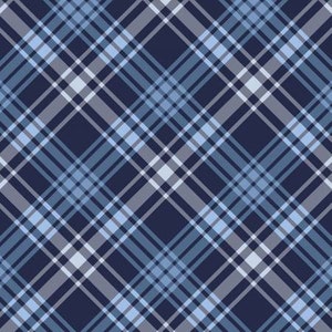May include: A seamless pattern of blue, white, and gray plaid on a dark blue background.