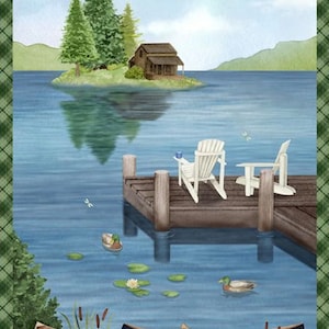 May include: A scenic lake scene with a wooden cabin on a small island, two white chairs on a wooden dock, two blue canoes on the shore, and a duck swimming in the water.