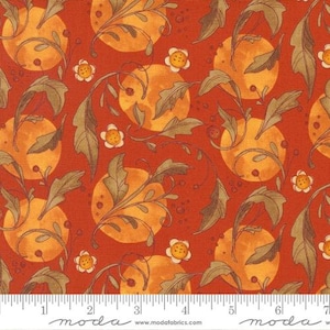 May include: Orange and brown floral fabric with a repeating pattern of circles and leaves on a red background. The fabric has a textured surface and is perfect for quilting, crafts, and home decor.