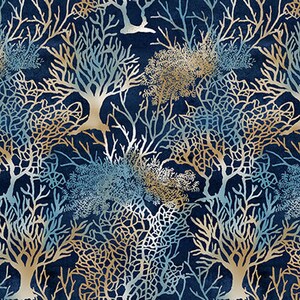 May include: A navy blue background with a repeating pattern of white and gold coral branches. The coral branches are intricate and detailed, creating a delicate and elegant design.