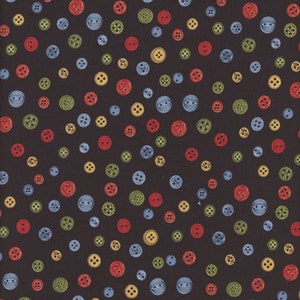 May include: A black background with a repeating pattern of colorful buttons. The buttons are in various shapes and sizes, including round, square, and oval. The colors of the buttons include red, blue, green, and yellow.
