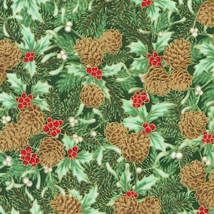 May include: A green fabric with a repeating pattern of pine cones, holly leaves, and red berries. The pine cones are brown and have a gold outline. The holly leaves are green and have a gold outline. The berries are red and have a gold outline.
