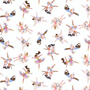 May include: A seamless pattern featuring a variety of ballerinas with floral tutus. The ballerinas are all different skin tones and have different hair colors. The background is white.