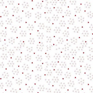May include: A white background with a repeating pattern of small red triangles and tiny black dots. The pattern is symmetrical and creates a subtle geometric design.