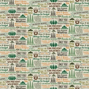May include: A beige background with a repeating pattern of green pine trees, Smokey the Bear, and text that reads "Can Prevent Wildfires", "Always Be Careful", "Keep It Green", "You Thanks for Listening", "Only You", and "Can Prevent Wildfires".