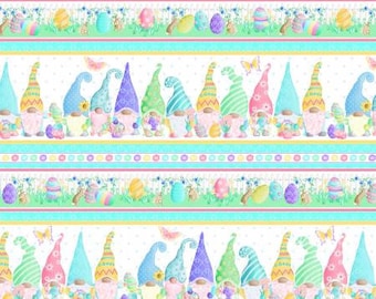 May include: A repeating pattern of gnomes holding Easter eggs, with a blue, green, pink, and purple color scheme. The gnomes are standing on a green grassy area with white flowers and butterflies. The background is white with a repeating pattern of blue, green, pink, and yellow stripes.
