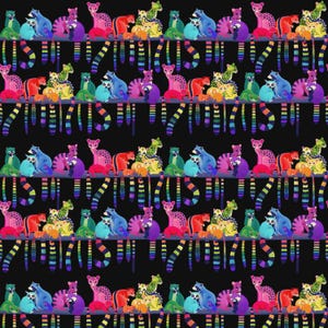 May include: A repeating pattern of colorful, stylized animals on a black background. The animals, including raccoons and leopards, are in various colors like blue, pink, and green. Vertical stripes of rainbow colors hang below the animals.