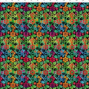 May include: A colorful floral pattern with a damask design. The pattern features orange, red, pink, purple, green, and blue flowers on a black background.