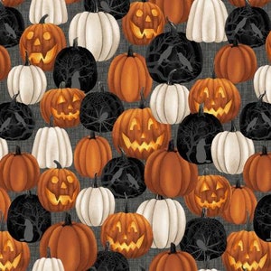 May include: A seamless pattern featuring various Halloween-themed pumpkins in orange, white, and black. The pumpkins are carved with different facial expressions and some have a spooky black cat silhouette.