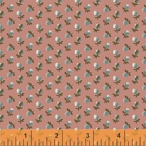 May include: A pink fabric with a repeating pattern of small, light blue and white flowers with green stems.