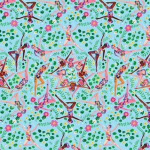 May include: A seamless pattern featuring a repeating design of stylized swimmers in various poses, with floral and leaf accents on a light blue background.