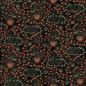 May include: A black and red floral pattern with the text "gathering bittersweet" repeated throughout. The pattern features small red flowers, black birds, and black cats.