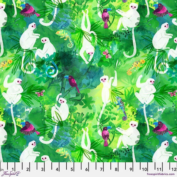 Madagascar Adventure PWKT011.XGREEN silk Sifakas - green  by Daughter Earth/Katy Tanis for Freespirit