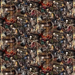 May include: A repeating pattern featuring skeletons in a spooky apothecary setting. Skeletons are surrounded by shelves of potions, candles, cauldrons, and ravens. The color palette is dark with shades of brown, red, and green.