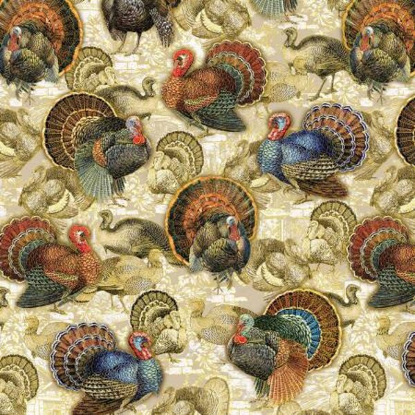 Harvest Festival 14039M-70 golden turkeys natural by Kanvas for Benartex