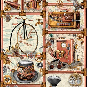 Time Travel 3021P-41 ivory steampunk panel  by Urban Essence Designs for Blank