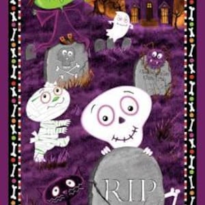 May include: A Halloween-themed illustration featuring a witch, ghost, mummy, and skeleton. A haunted house and full moon are in the background. A black cat sits atop an orange jack-o'-lantern. The image is framed with a purple border.