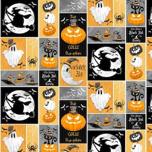 May include: A Halloween-themed fabric with repeating patterns. The design includes pumpkins, ghosts, witches, black cats, spiders, bats, and crescent moons. The text includes "The Great Pumpkin", "October 31st", and "Olde Salem's Black Hat Society".