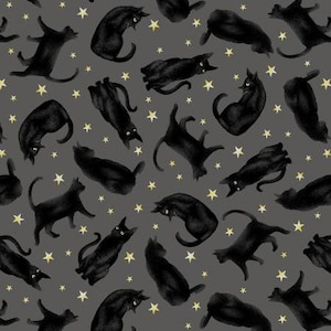 May include: A seamless pattern featuring black cats and gold stars on a gray background. The cats are in various poses, some are curled up, some are standing, and some are jumping. The stars are scattered throughout the pattern.