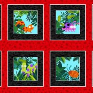 May include: A red background with nine black picture frames. Each frame contains a colorful illustration of a bug or insect in a jungle setting. The bugs include a ladybug, a spider, a caterpillar, a beetle, and a praying mantis.