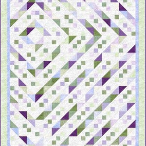 May include: A quilt pattern with a white background and a diagonal pattern of purple, green, and blue triangles and squares.