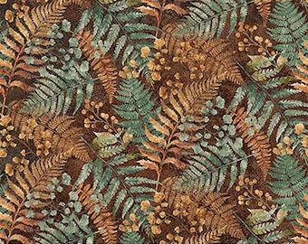Stonehenge Rooted DP28766-69 teal multi leaves by Linda Ludovico for Northcott