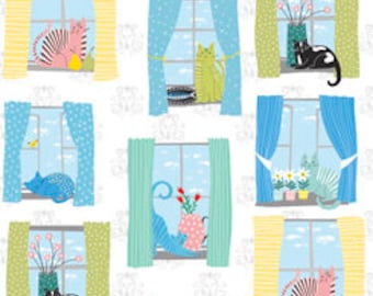 Whiskers 1649-28020-Z cats in windows white by Ink and Arrow for QT Fabrics