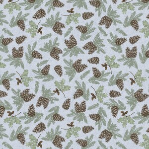 May include: A repeating pattern featuring brown pine cones, green pine needles, and light green oak leaves on a light blue background. The design includes small brown sprigs, creating a natural, woodland theme.