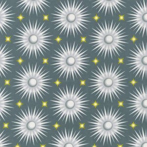 May include: A seamless pattern featuring white starbursts with a gray center on a dark gray background. Small yellow stars are scattered throughout the pattern.
