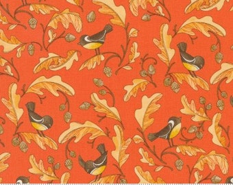 May include: Orange fabric with a repeating pattern of yellow leaves, brown acorns, and small black and yellow birds. The fabric has a subtle texture and a slightly faded look.