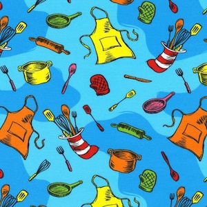 May include: A blue background with a repeating pattern of kitchen items, including a red and white striped stocking, yellow aprons, and various cooking utensils. The pattern is whimsical and fun.