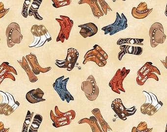 May include: A beige fabric with a repeating pattern of cowboy boots and hats. The boots are in various colors, including red, brown, blue, and black. The hats are brown with a white band.