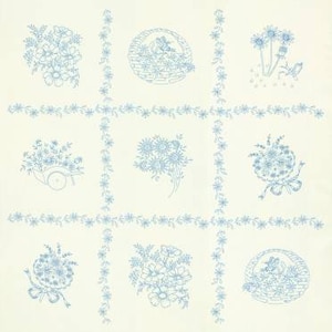 May include: A white background with a blue floral pattern. The pattern is repeated in a grid of nine squares. Each square contains a different floral design, including baskets of flowers, bouquets, and single flowers.