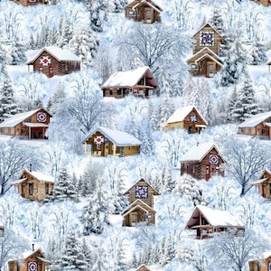 May include: A repeating pattern of small wooden cabins nestled in a snowy winter landscape. The cabins have snow-covered roofs and are surrounded by snow-laden trees. Some cabins feature decorative quilt-like designs.