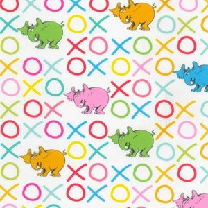 May include: A white background with a repeating pattern of colorful Xs and Os. There are also colorful elephants with wings, in pink, green, orange and yellow.