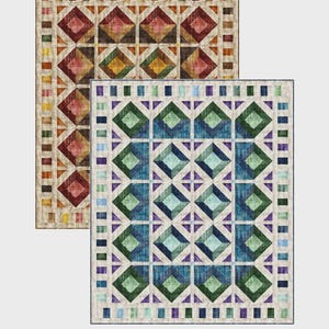 May include: Two quilts with geometric patterns are displayed. The top quilt features a diamond pattern in shades of red, brown, and yellow. The bottom quilt has a blue and green diamond pattern. The text "Wooden Puzzle Box" is at the top.