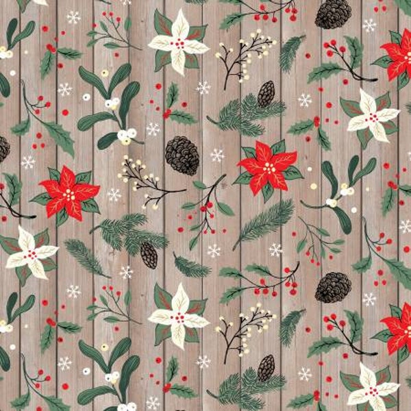 Chickadee Christmas Choir 6434-33 brown poinsettias and branches on wood grain   by Lucie Crovatto  for Studio E